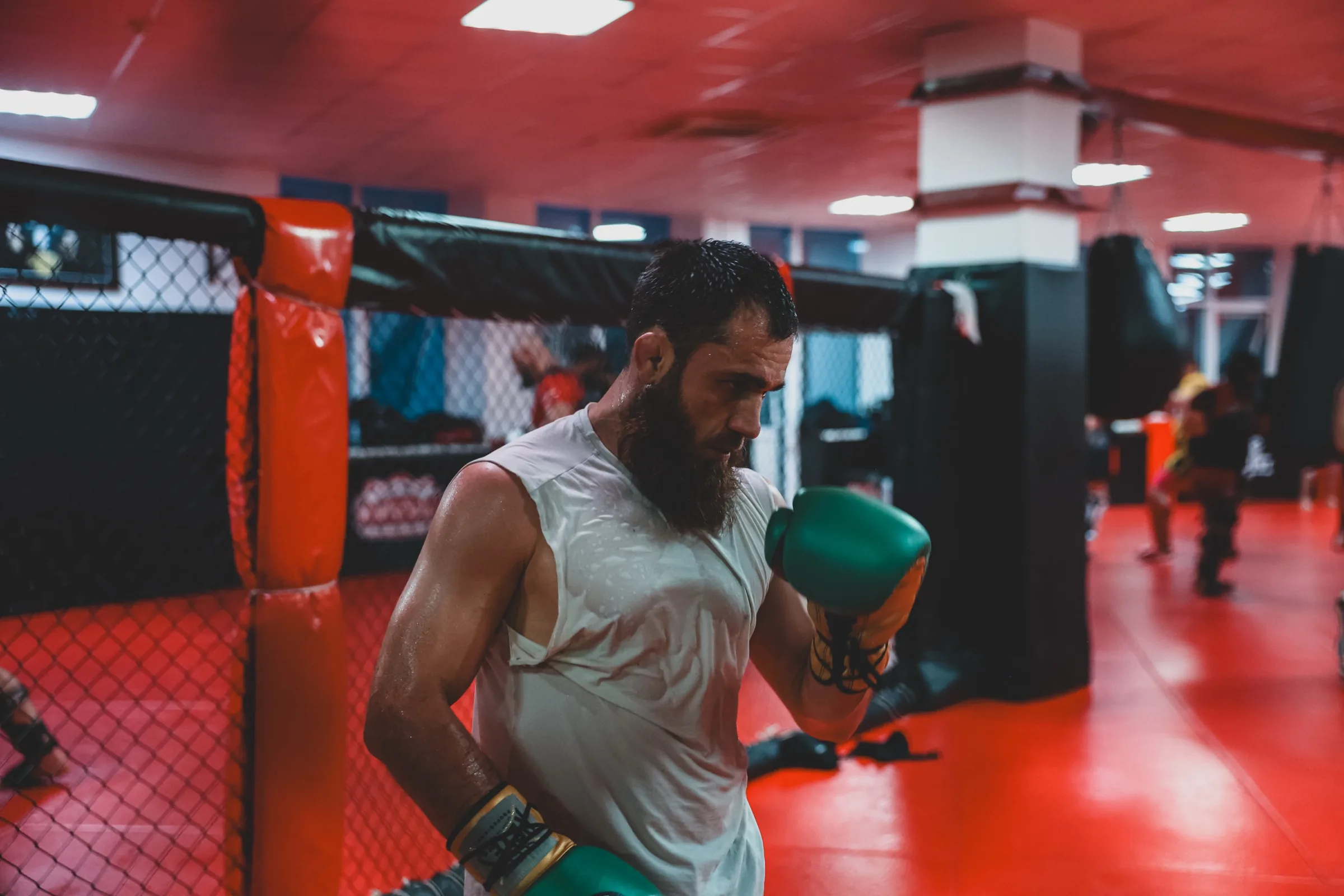 Combattant MMA dans la cage d'une salle professionnelle de Grozny, Tchétchénie