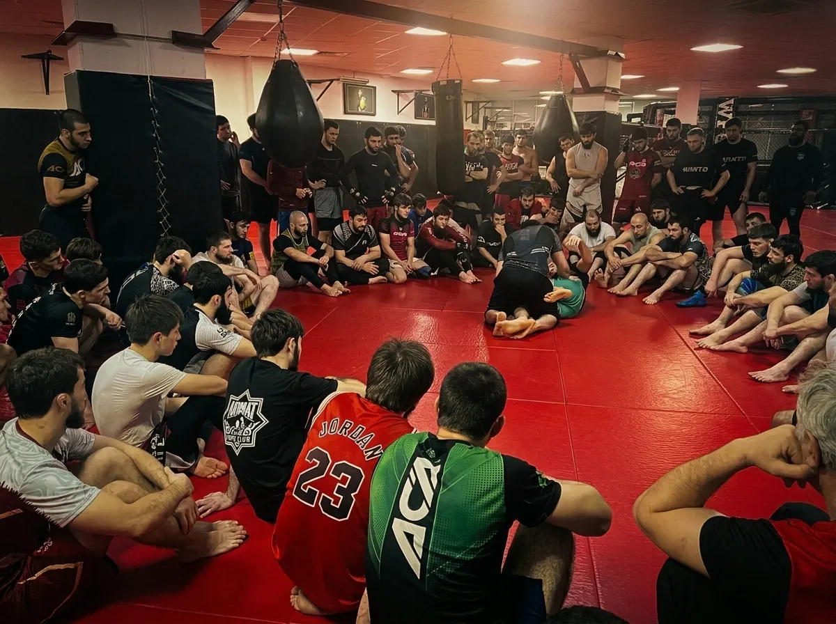 Circle of fighters in a grappling demo in Dagestan