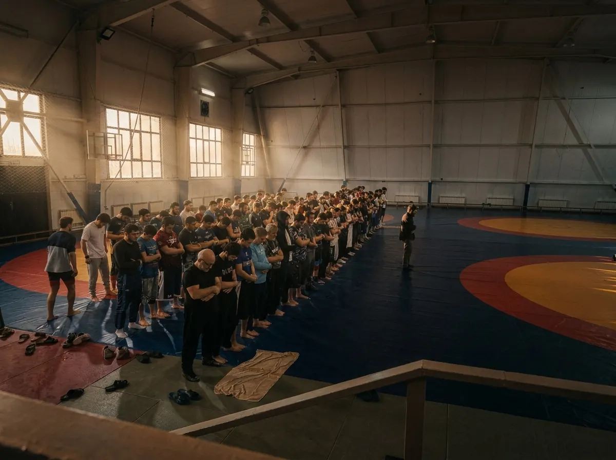 Athlètes en prière collective au camp MKR, héritage et discipline du Caucase