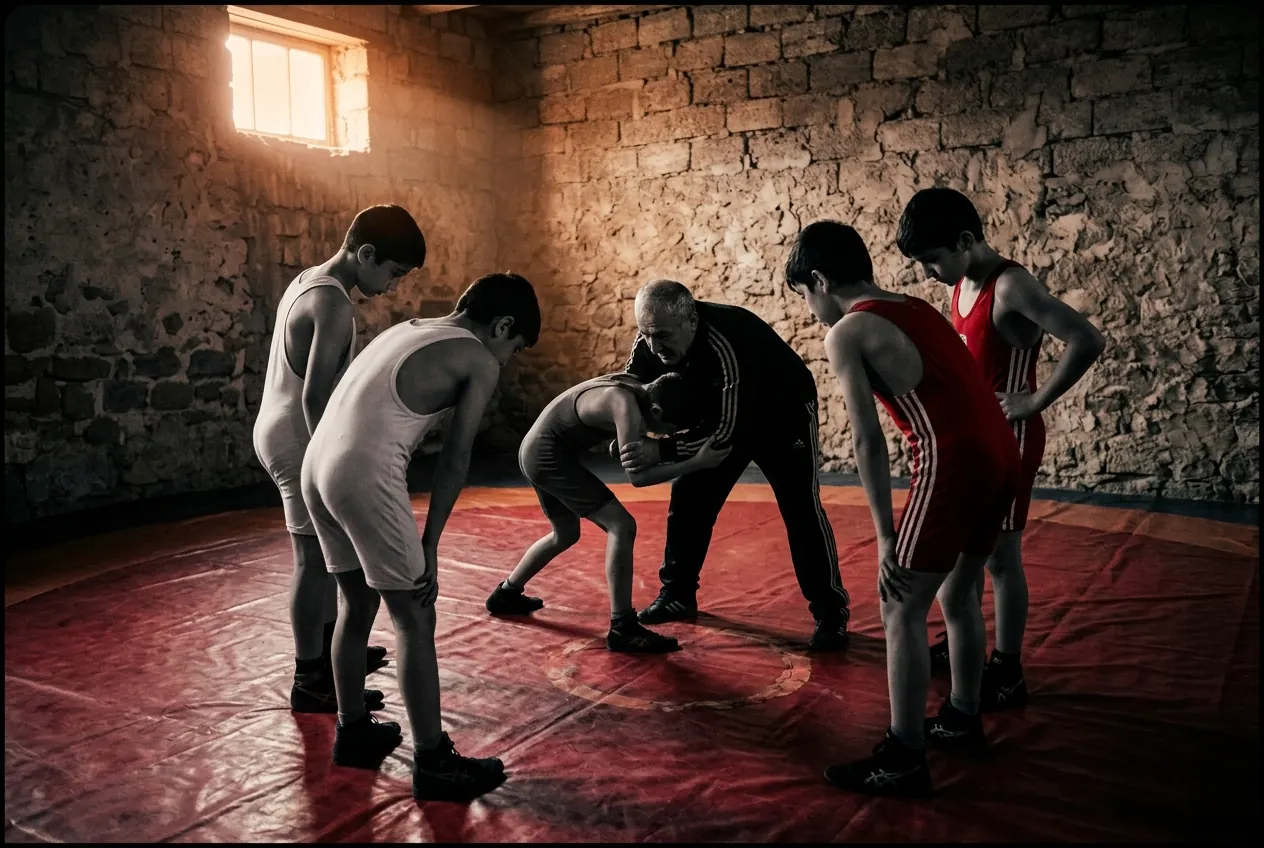 Jeunes lutteurs en position de garde sur le tapis, salle aux murs de pierre au Daghestan