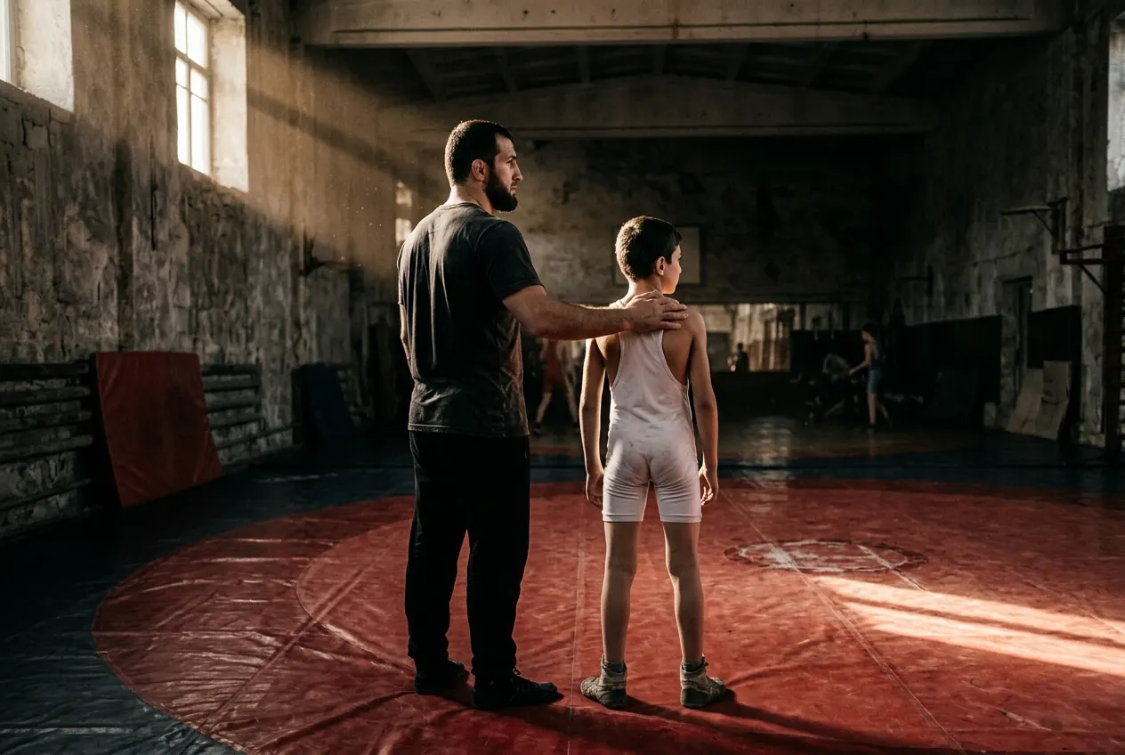 Father and son side by side on the mat at MKR camp, generational transmission