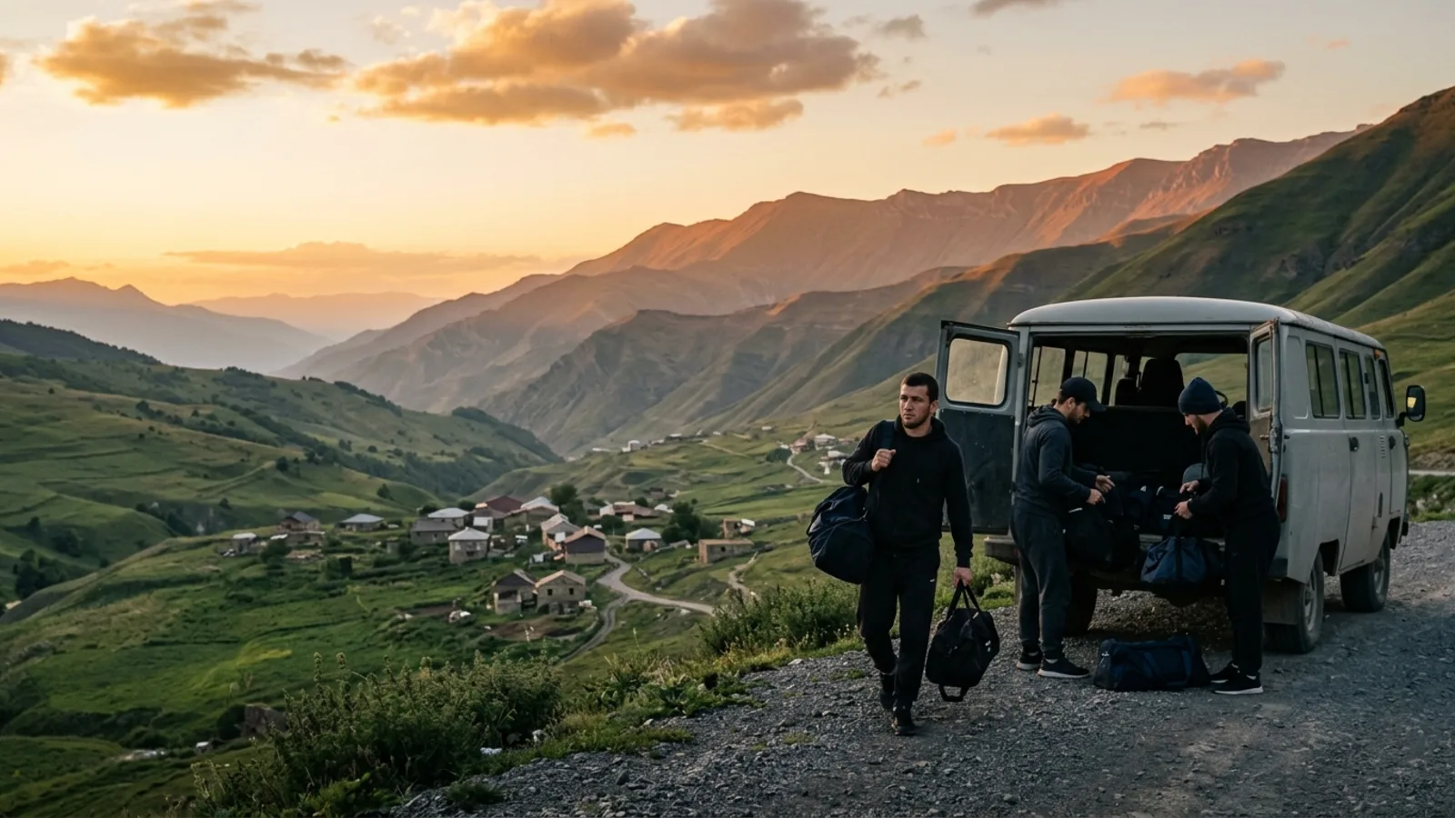 Athletes unloading their gym bags from a minibus on a mountain road in Dagestan at the end of the day, Caucasus ridges in the background