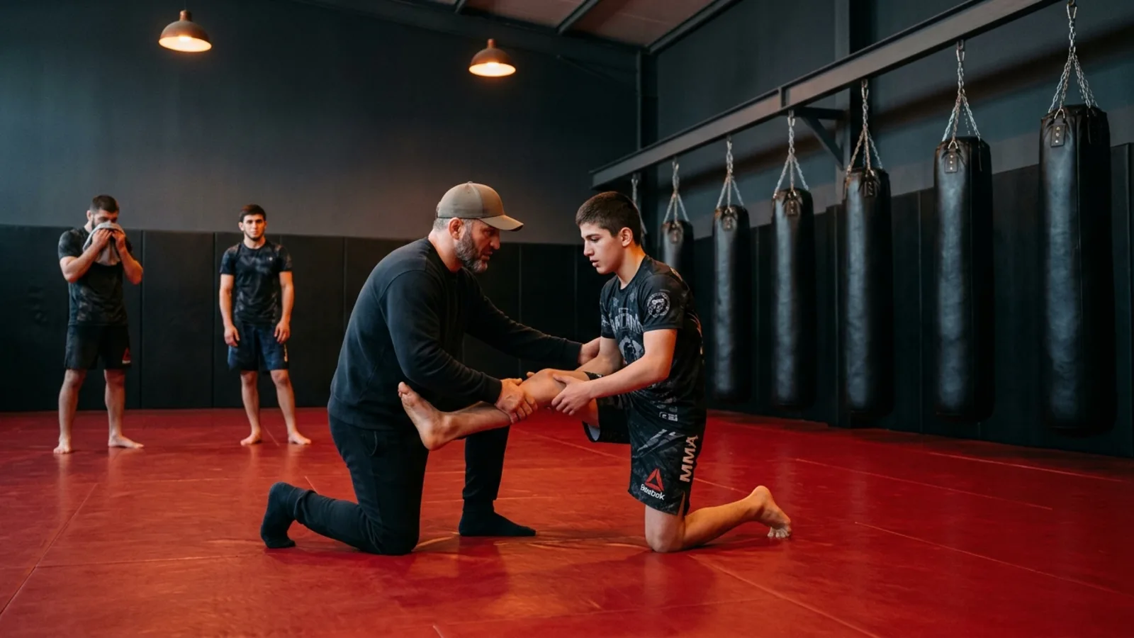 Dagestani coach correcting an athlete's position during drilling on a crimson red mat, black heavy bags lined up in the background