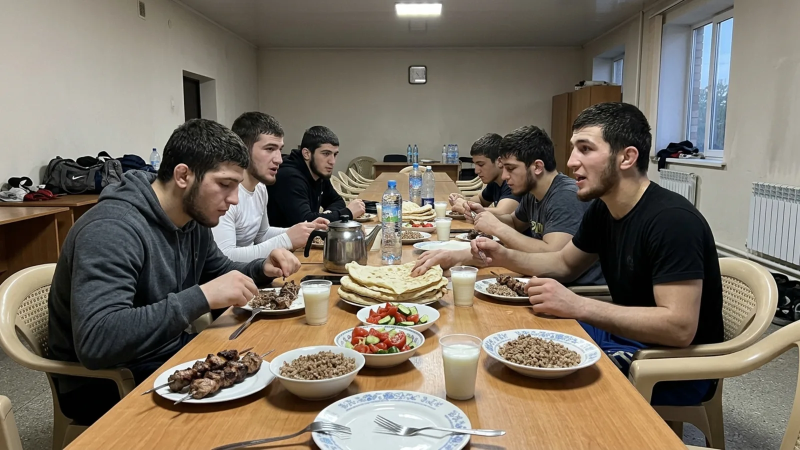 Table of athletes at camp sharing a simple Caucasian meal, grilled meat, kasha and fresh bread, in a common room in daylight