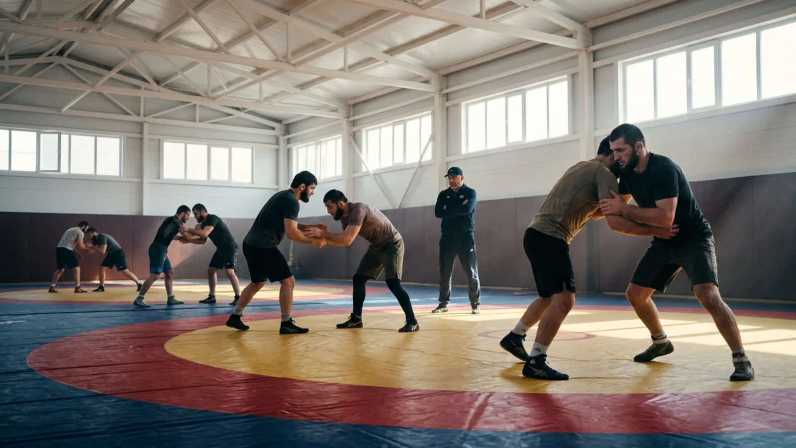 Wrestling session in a bright hangar gym in Dagestan: pairs of wrestlers drill on a large mat with red, yellow and blue circles under high window light