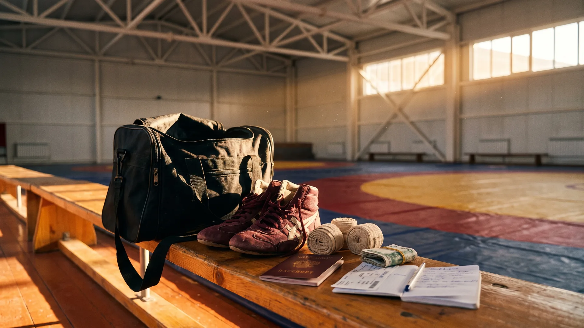 Open gym bag on a bench in a Dagestan wrestling gym: wrestling shoes, hand wraps, passport, ruble banknotes and a printed plane ticket laid out in natural window light.