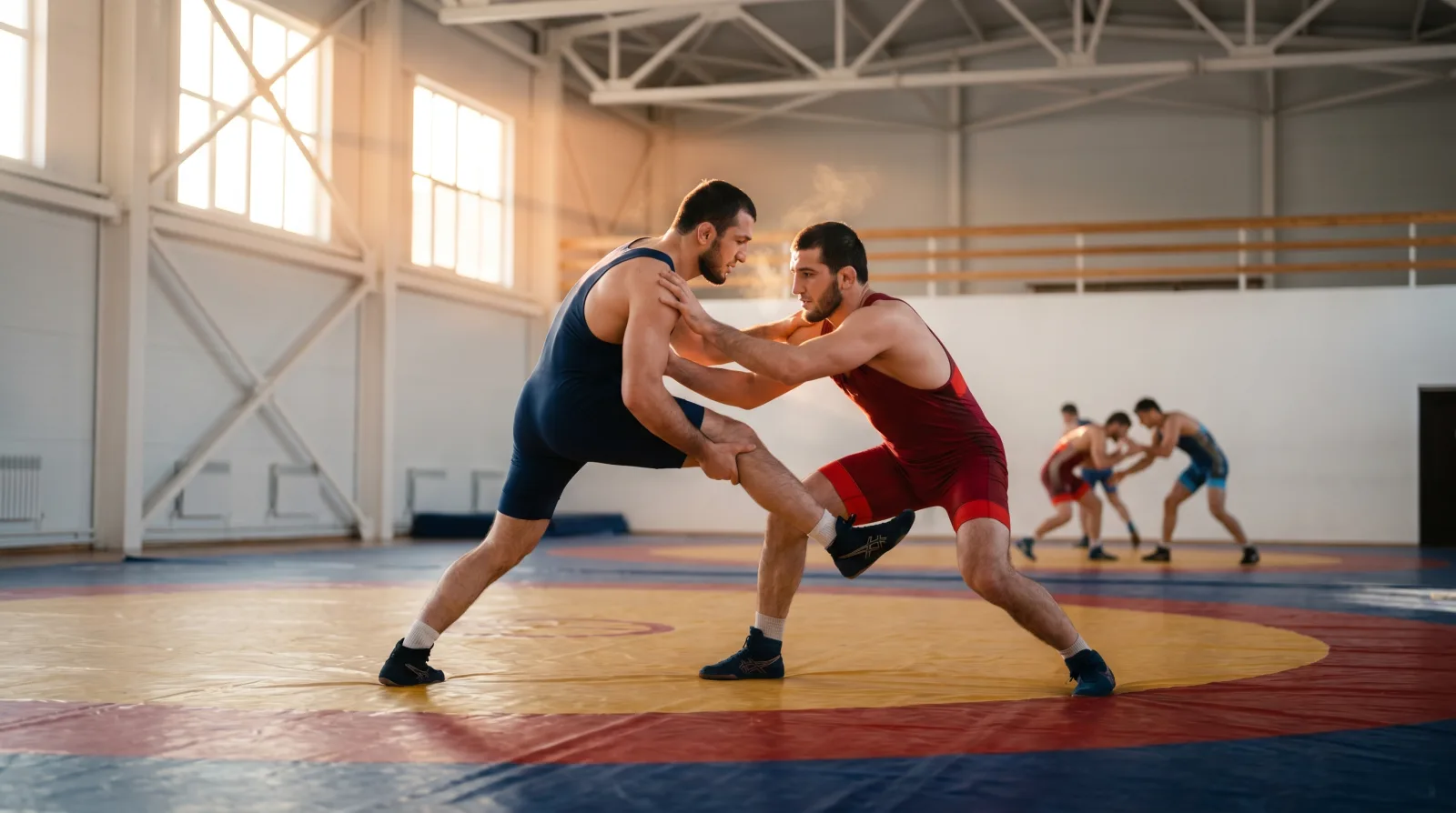 Sparring de lutte libre daghestanaise sur tapis rond traditionnel rouge ocre et navy, hangar lumineux baigné de golden hour, technique de single-leg takedown