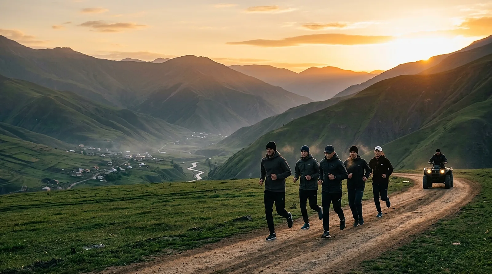 Groupe d'athlètes courant à l'aube sur une piste de montagne au Daghestan, vallée et crêtes du Caucase en arrière-plan, coach en quad qui suit le groupe