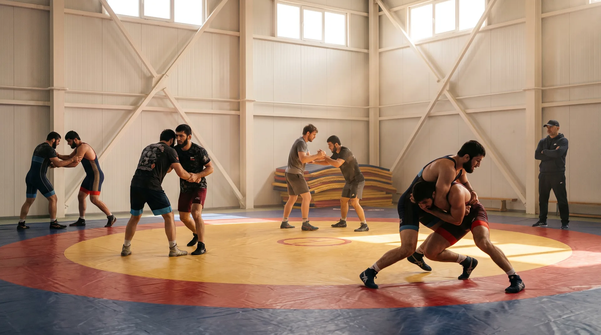 Session de lutte dans un hangar lumineux au Daghestan : des paires de lutteurs drillent des takedowns sur un tapis rond rouge, jaune et bleu, un coach observe au bord du tapis.