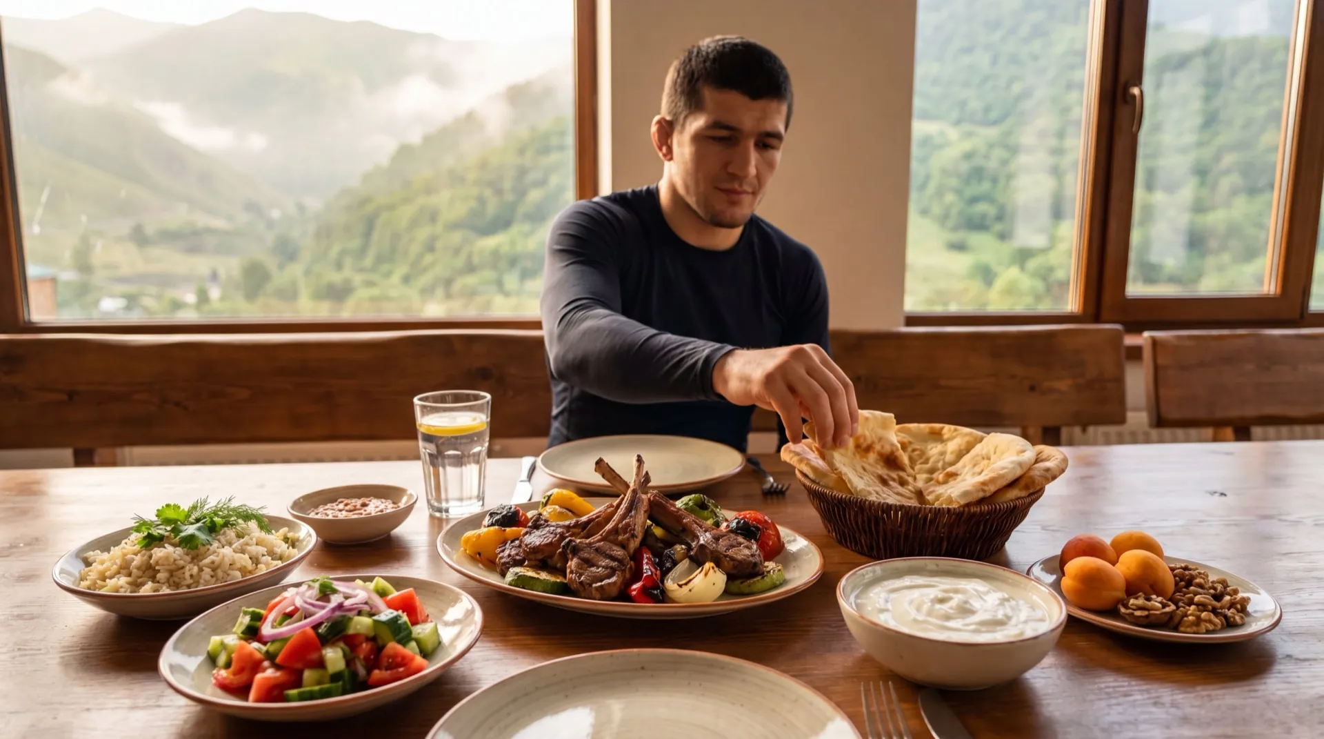 Repas typique au camp MKR : viande grillée, kasha, salade caucasienne, pain frais, ayran. Préparé sur place avec produits locaux.