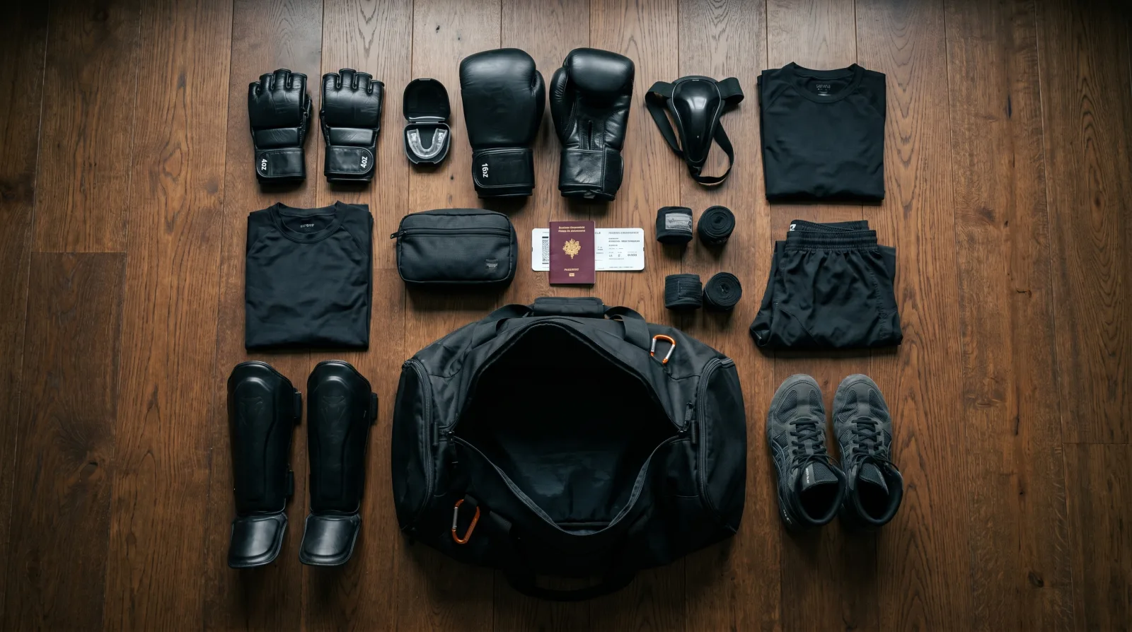Flat-lay équipement complet à emporter pour un camp MKR au Caucase : gants 4oz et 16oz, protège-tibias, rashguards, passeport, billet Istanbul-Makhachkala