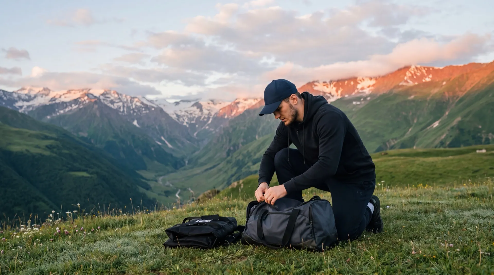 Athlète préparant son sac d'entraînement avant un camp MMA au Caucase, gants et protections sur table.