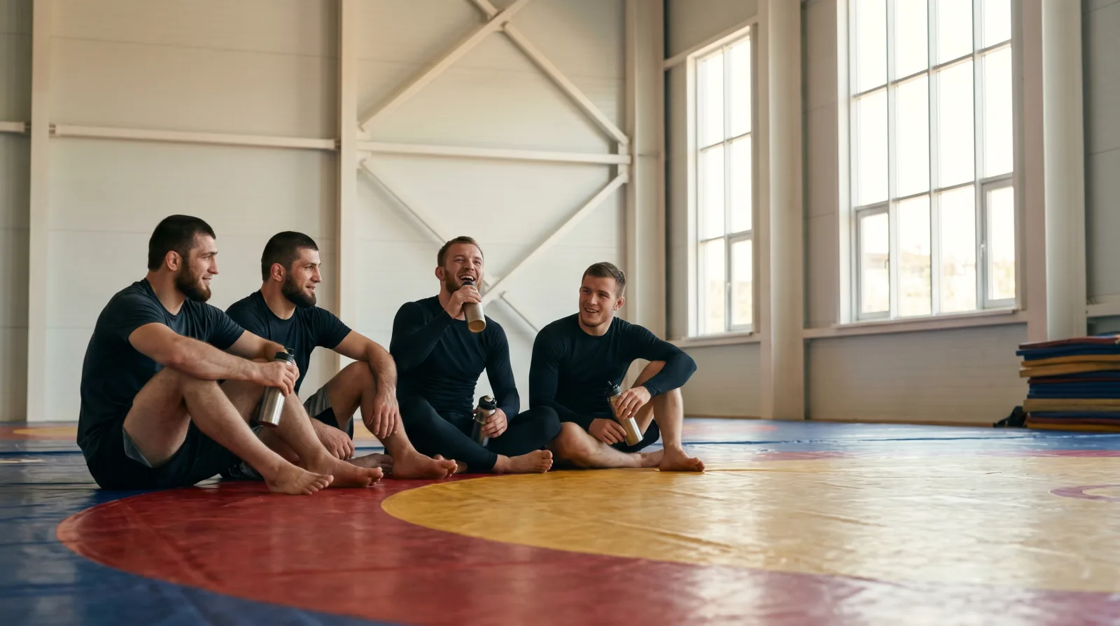 Athlètes occidentaux et Dagestani en pause détendue dans la salle d'entraînement MKR à Makhachkala, atmosphère professionnelle apaisée