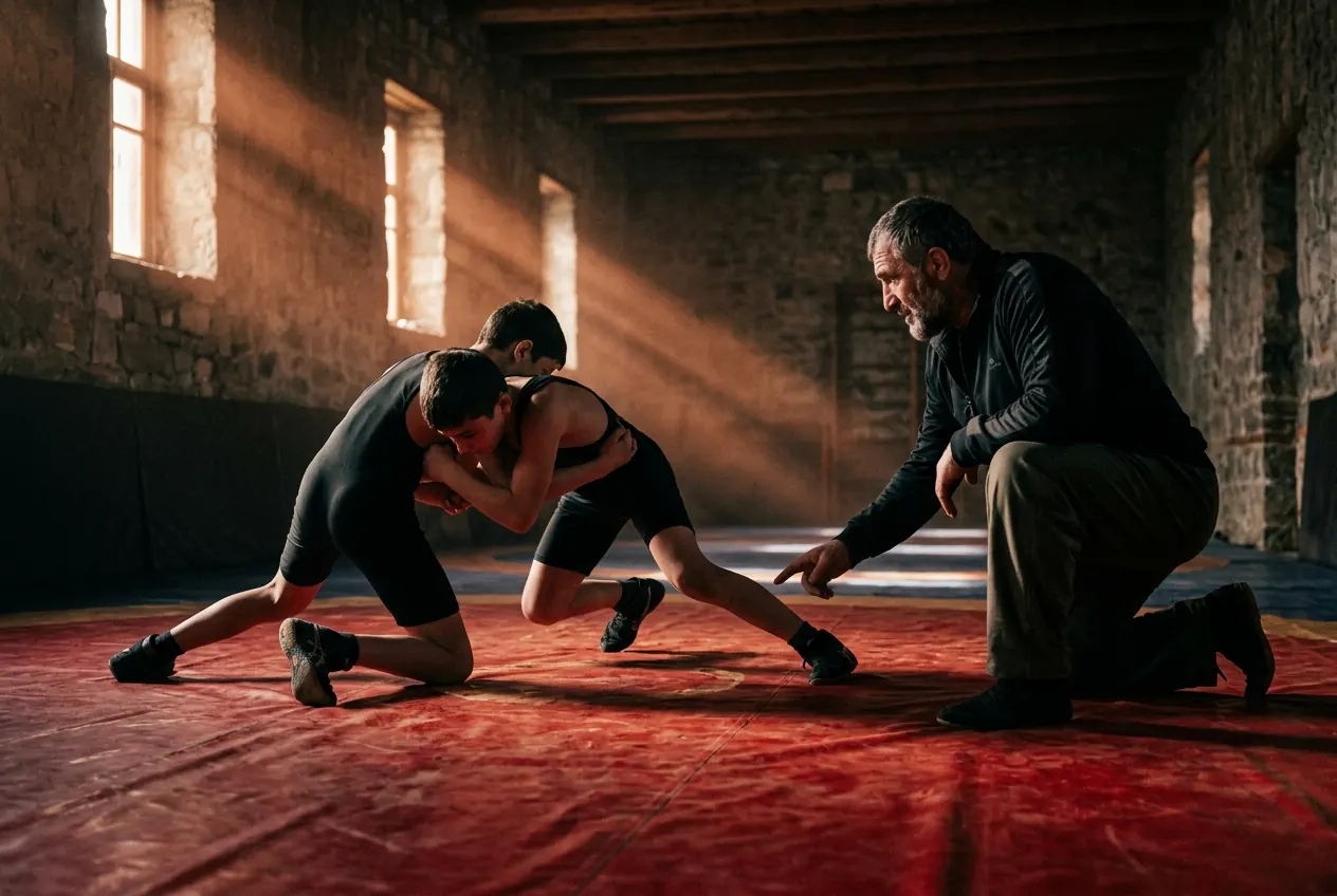 Jeunes lutteurs en sparring contrôlé sous supervision du coach